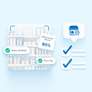 Illustration of store shelf with an analysis of product share of shelf, prices, and brick & mortar store score.