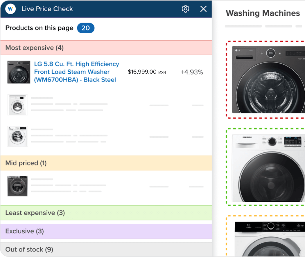 Mockup of real-time competitive price comparisons for large appliances from Wiser's Live Price Check product.